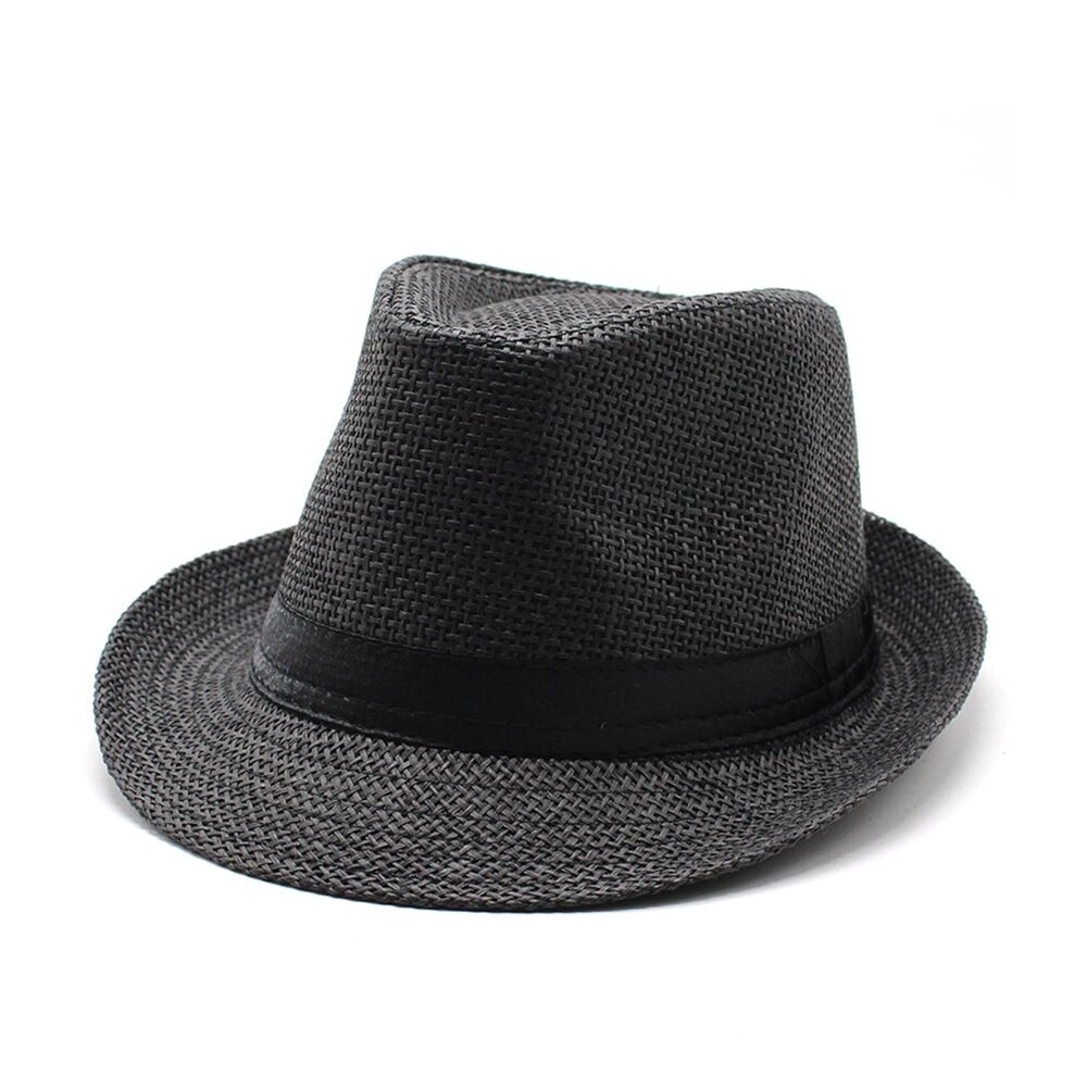 1466 Straw Fedora Hat Panama Hat Short Brim Summer Sun Hat Black Belt-Black